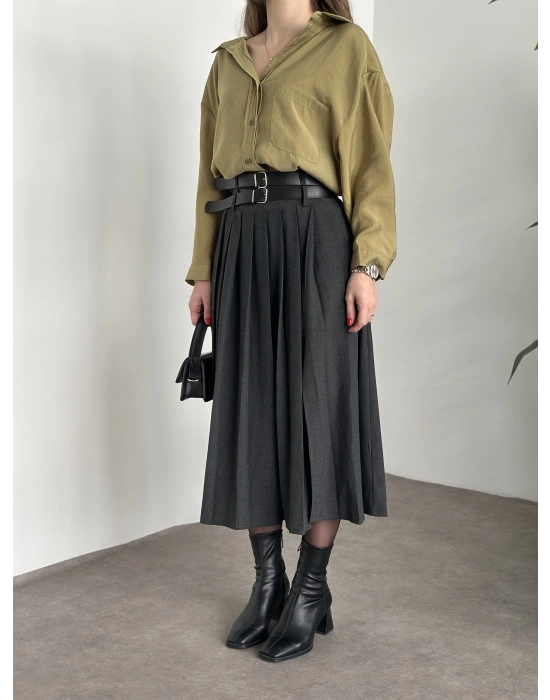 Piliseli yırtmaçlı uzun etek antrasit