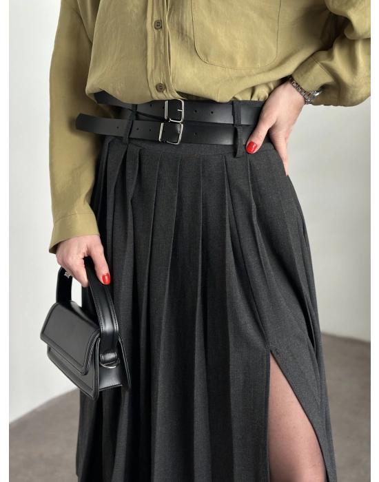 Piliseli yırtmaçlı uzun etek antrasit