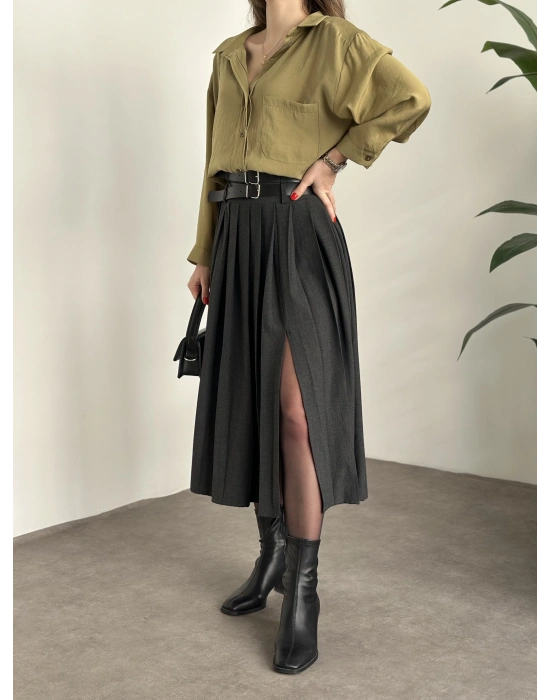 Piliseli yırtmaçlı uzun etek antrasit