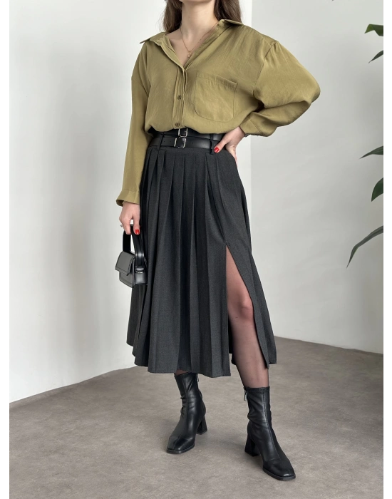 Piliseli yırtmaçlı uzun etek antrasit