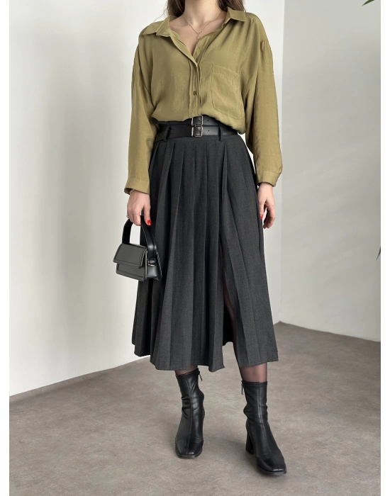 Piliseli yırtmaçlı uzun etek antrasit