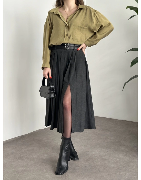 Piliseli yırtmaçlı uzun etek antrasit