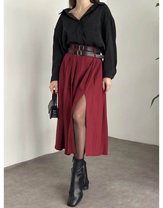 Piliseli yırtmaçlı uzun etek bordo