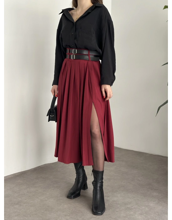 Piliseli yırtmaçlı uzun etek bordo