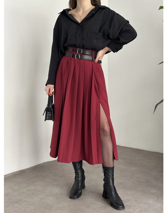 Piliseli yırtmaçlı uzun etek bordo