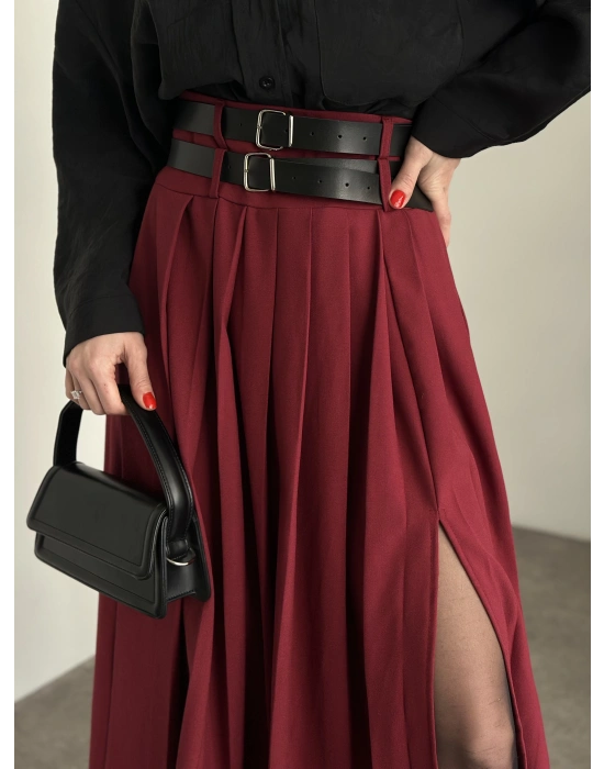 Piliseli yırtmaçlı uzun etek bordo