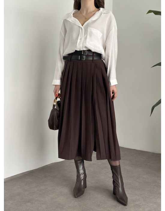 Piliseli yırtmaçlı uzun etek kahve