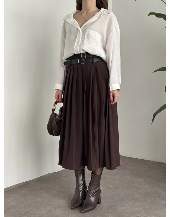 Piliseli yırtmaçlı uzun etek kahve