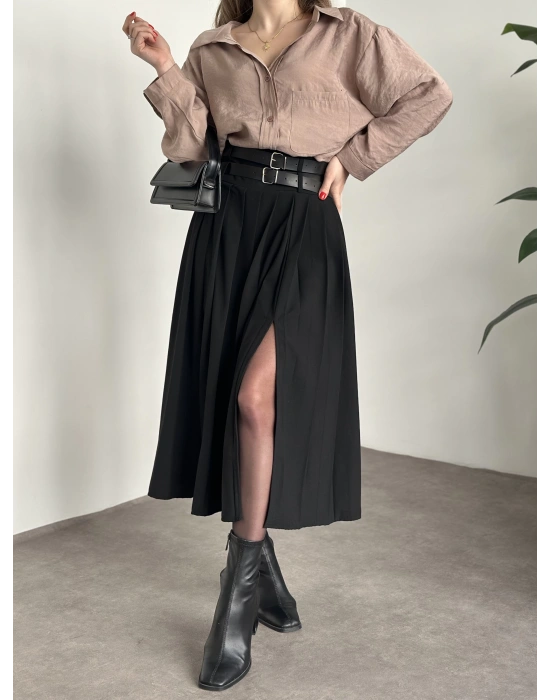 Piliseli yırtmaçlı uzun etek siyah