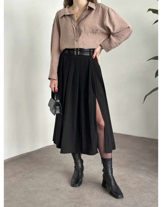 Piliseli yırtmaçlı uzun etek siyah