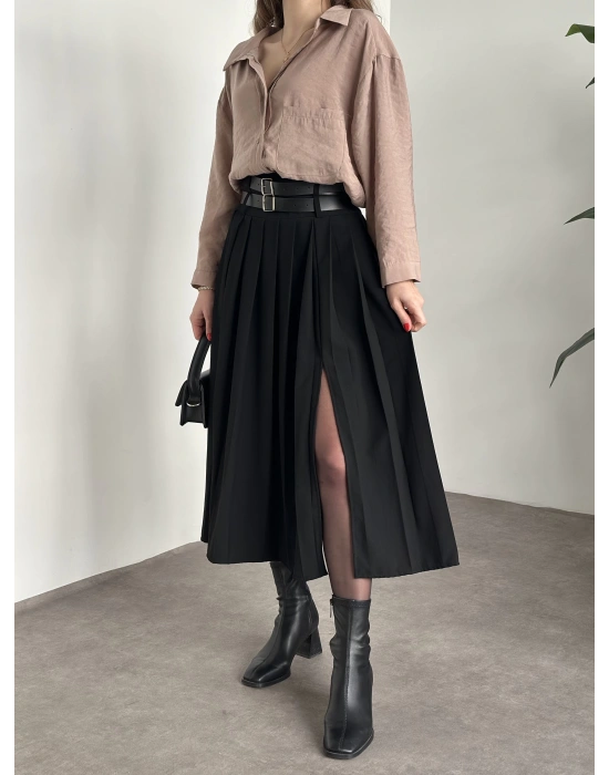 Piliseli yırtmaçlı uzun etek siyah