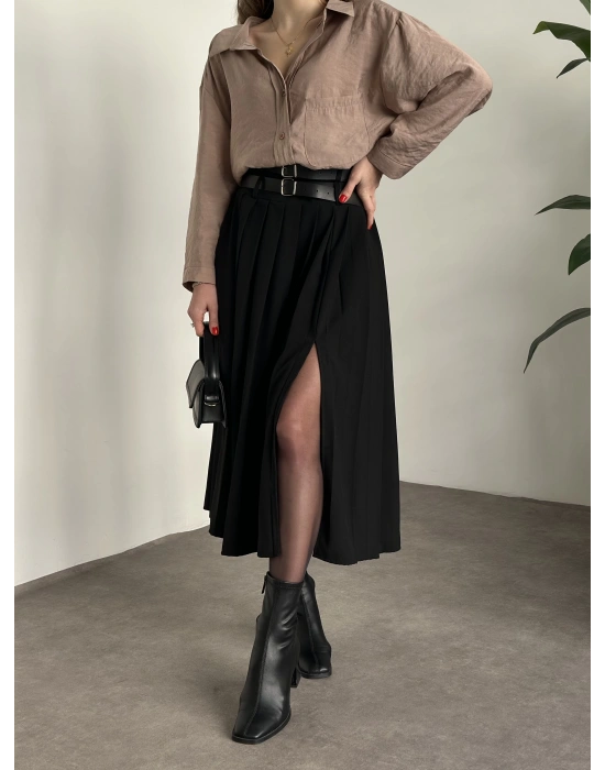 Piliseli yırtmaçlı uzun etek siyah