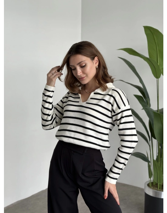 Polo Yaka Çizgili Triko Beyaz