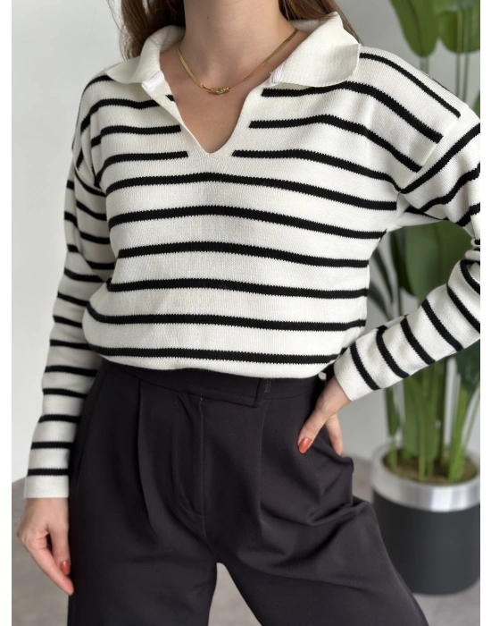 Polo Yaka Çizgili Triko Beyaz