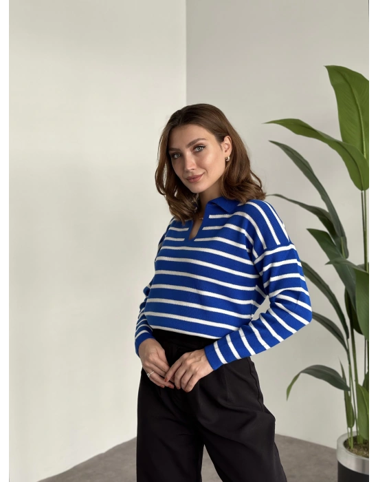 Polo Yaka Çizgili Triko Mavi