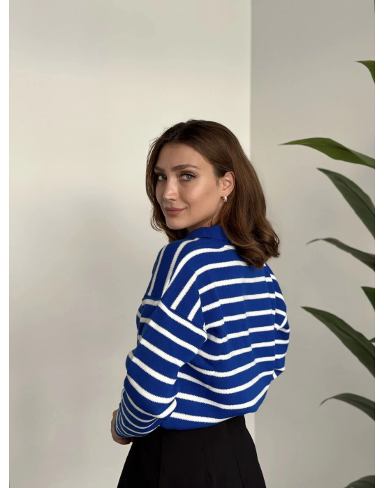 Polo Yaka Çizgili Triko Mavi