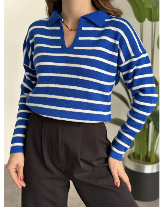 Polo Yaka Çizgili Triko Mavi