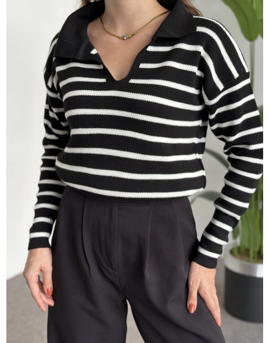 Polo Yaka Çizgili Triko Siyah