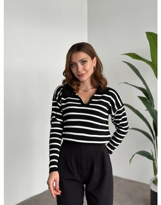 Polo Yaka Çizgili Triko Siyah