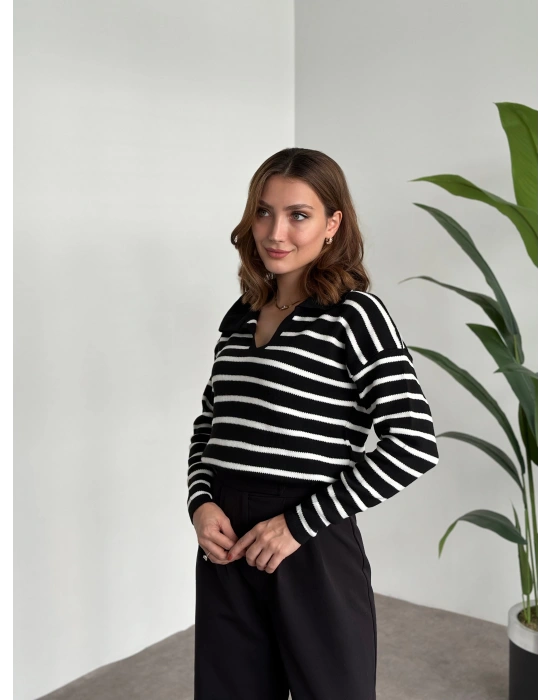 Polo Yaka Çizgili Triko Siyah