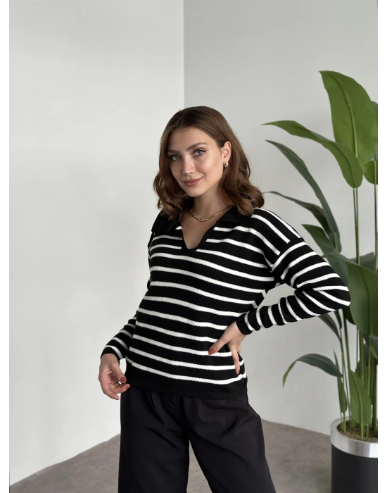 Polo Yaka Çizgili Triko Siyah