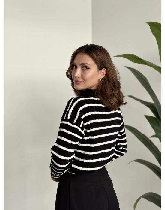 Polo Yaka Çizgili Triko Siyah