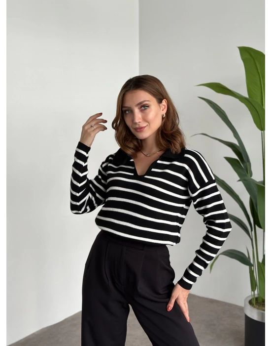 Polo Yaka Çizgili Triko Siyah