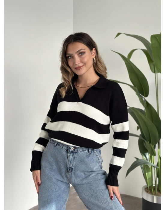 Polo yaka üç çizgili triko kazak siyah