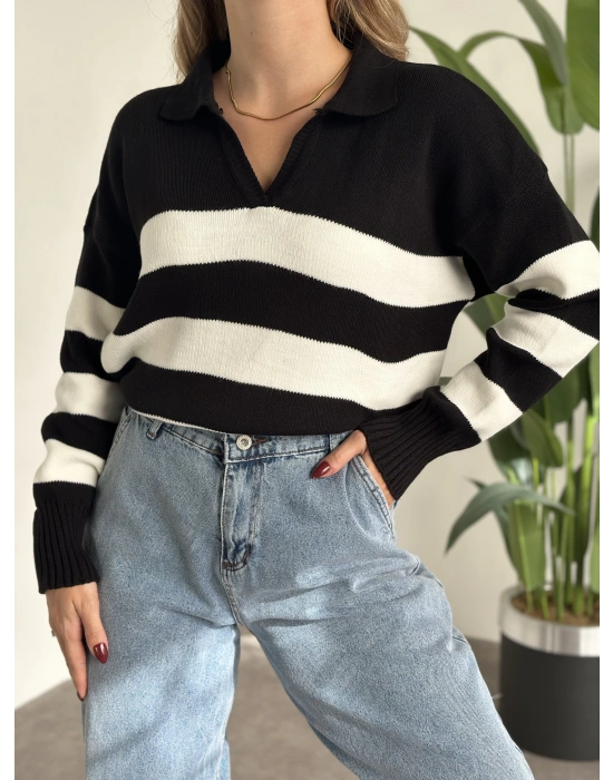 Polo yaka üç çizgili triko kazak siyah
