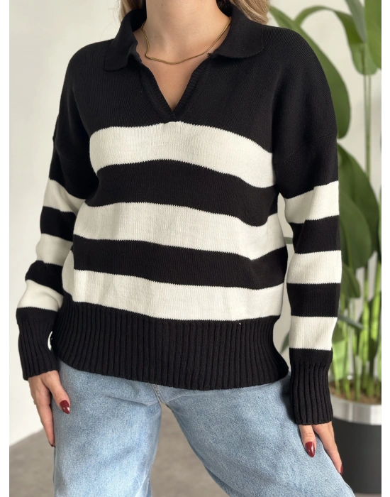 Polo yaka üç çizgili triko kazak siyah