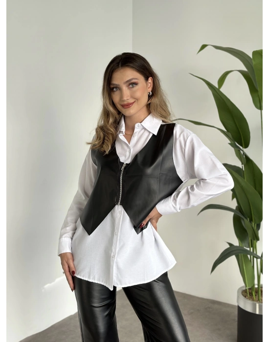 Poplin Kumaş Deri yelek Garnili Gömlek