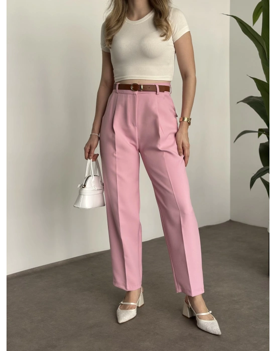 Premium dabıl kumaş kemerli pantolon pembe