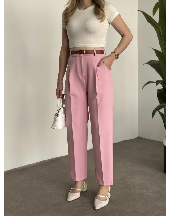 Premium dabıl kumaş kemerli pantolon pembe