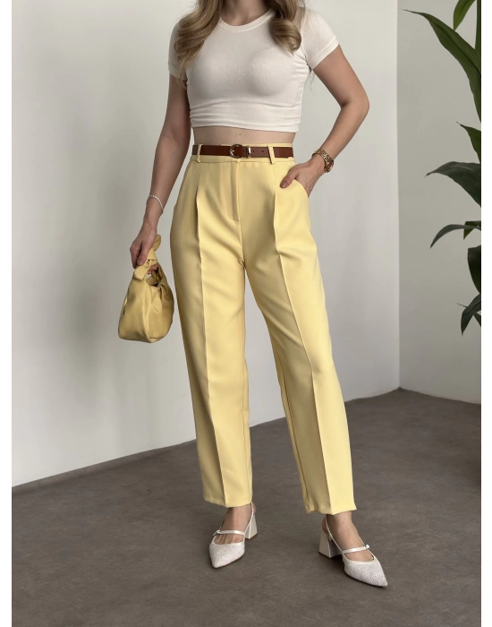 Premium dabıl kumaş kemerli pantolon sarı