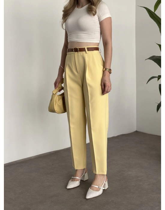 Premium dabıl kumaş kemerli pantolon sarı