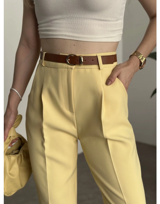 Premium dabıl kumaş kemerli pantolon sarı