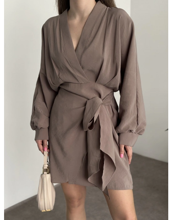 Premium kalite tensel kumaş balon kol bağlamalı elbise vizon