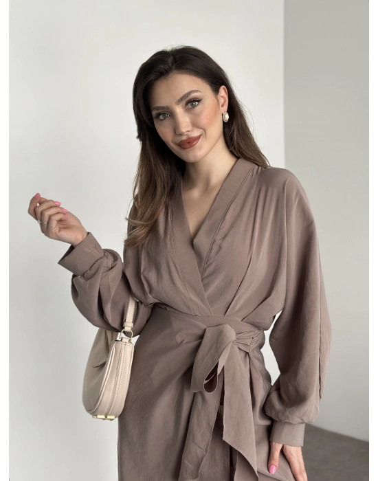 Premium kalite tensel kumaş balon kol bağlamalı elbise vizon