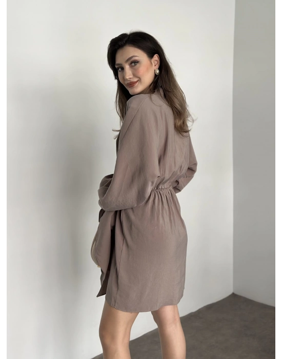 Premium kalite tensel kumaş balon kol bağlamalı elbise vizon