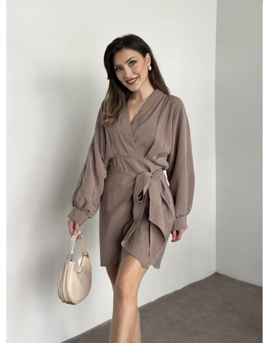 Premium kalite tensel kumaş balon kol bağlamalı elbise vizon