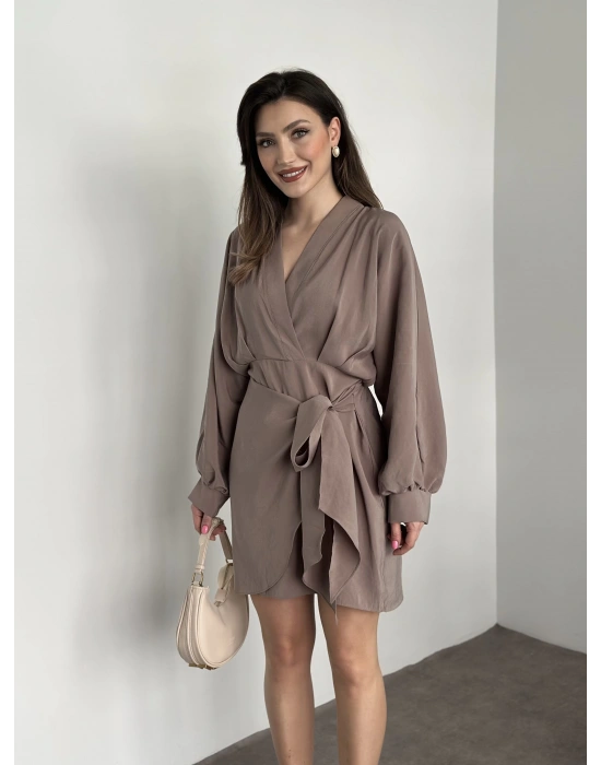 Premium kalite tensel kumaş balon kol bağlamalı elbise vizon