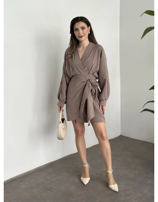 Premium kalite tensel kumaş balon kol bağlamalı elbise vizon