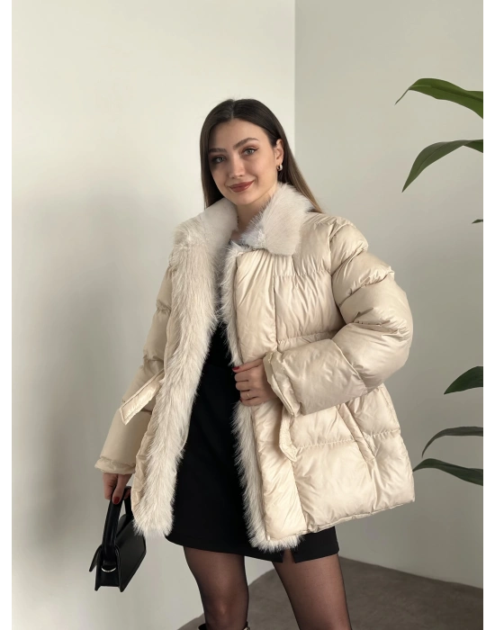 Premium kürk detaylı bağlamalı şişme mont krem