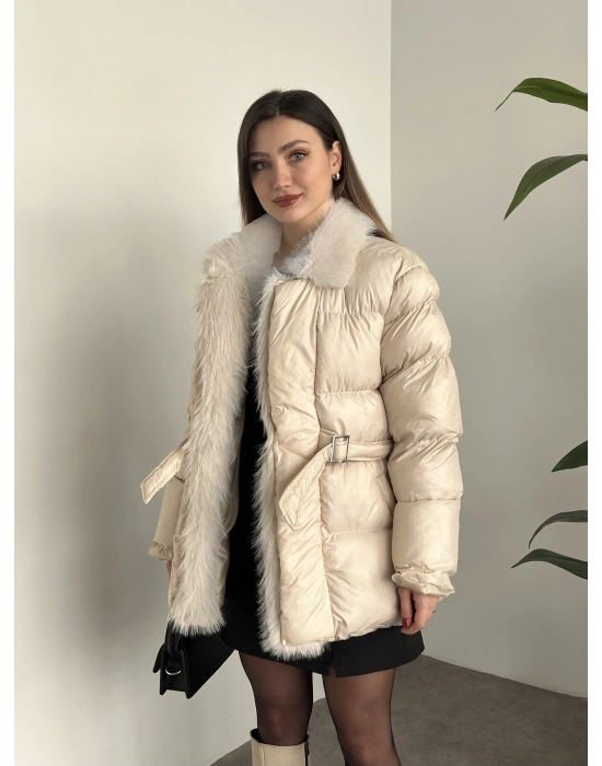 Premium kürk detaylı bağlamalı şişme mont krem