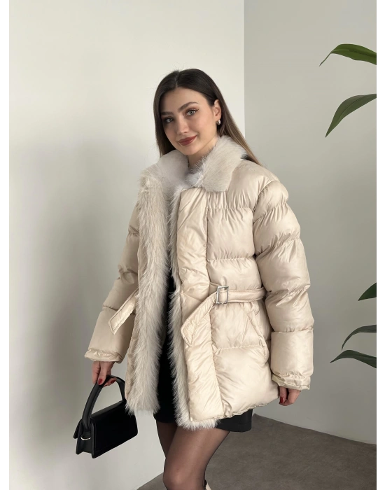 Premium kürk detaylı bağlamalı şişme mont krem