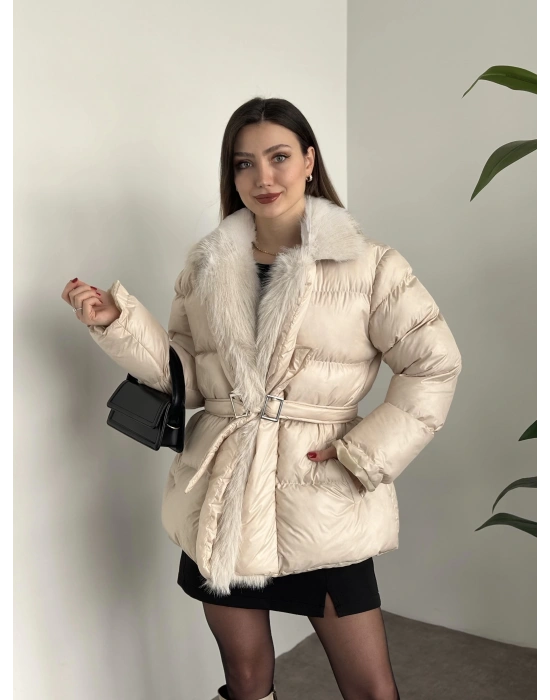 Premium kürk detaylı bağlamalı şişme mont krem