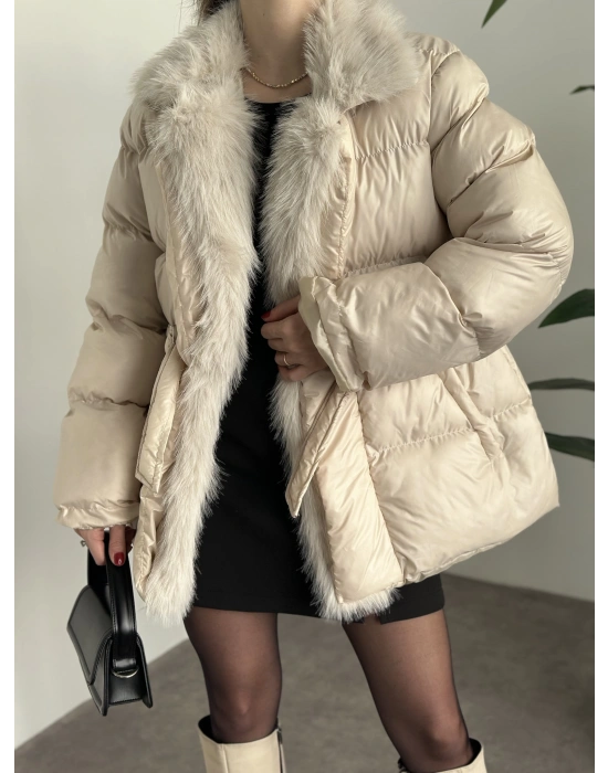 Premium kürk detaylı bağlamalı şişme mont krem