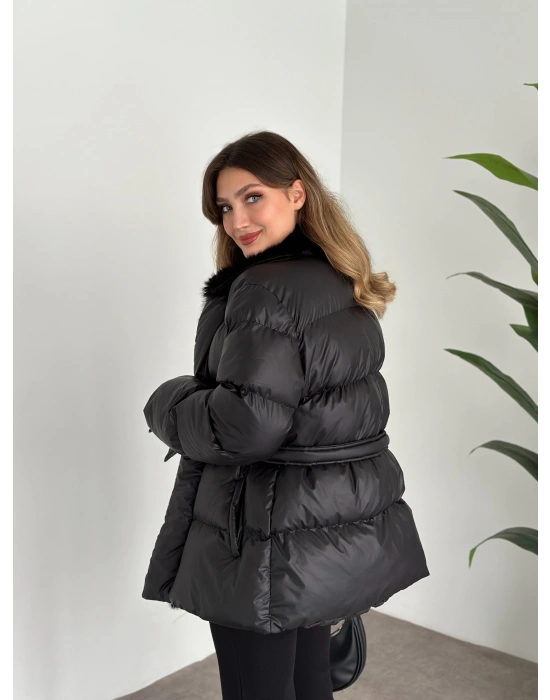 Premium kürk detaylı bağlamalı şişme mont siyah
