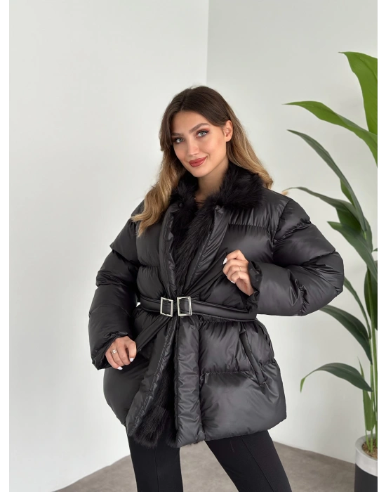 Premium kürk detaylı bağlamalı şişme mont siyah