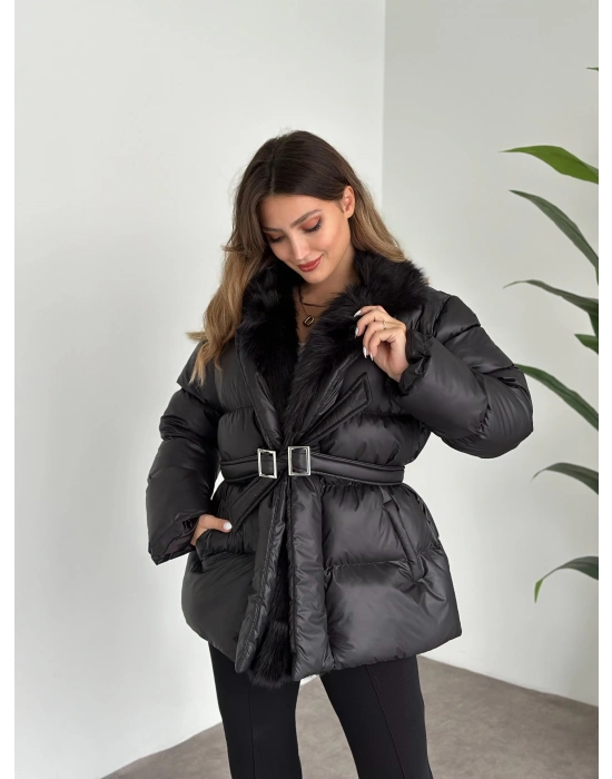 Premium kürk detaylı bağlamalı şişme mont siyah